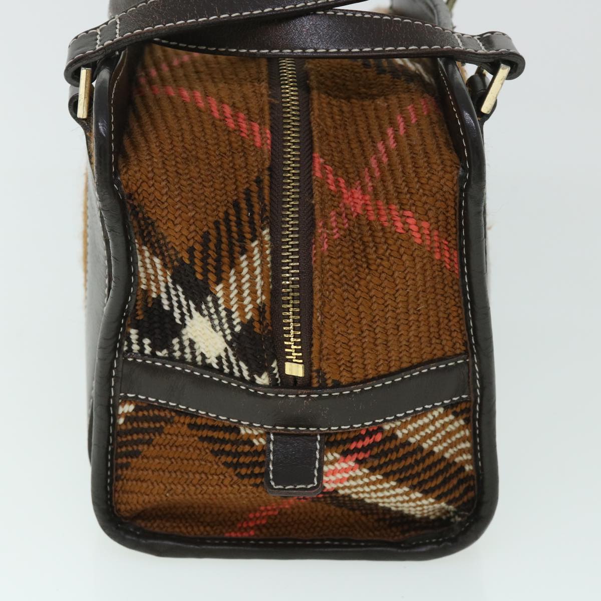 BURBERRY Blue Label Hand Bag Wool Leather Brown Auth hk844