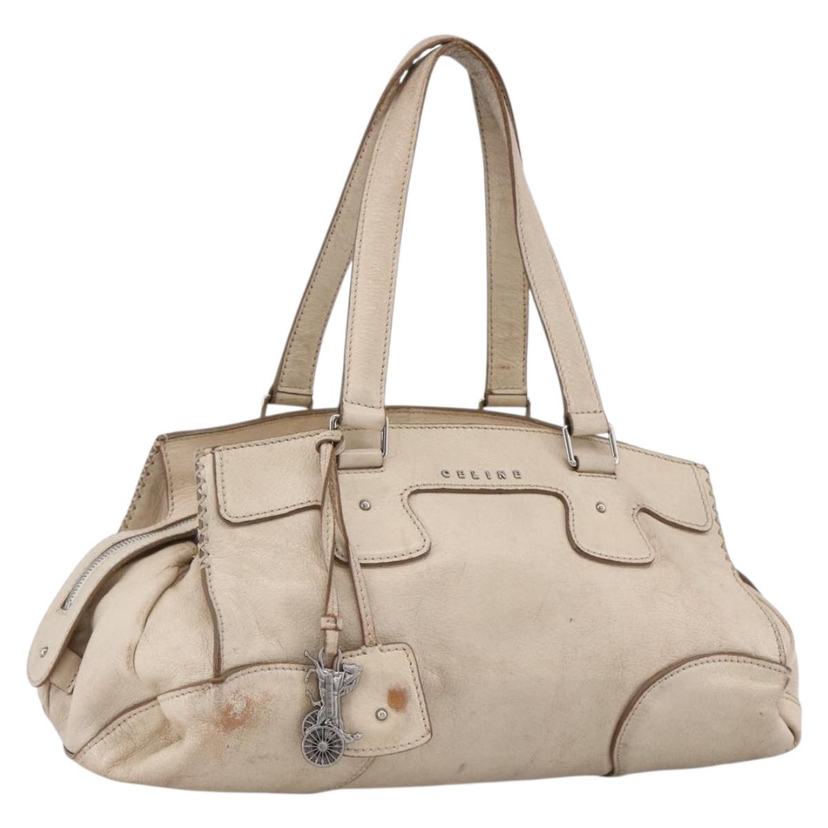 CELINE Boston Bag Leather White Silver Auth ka2783 | eBay