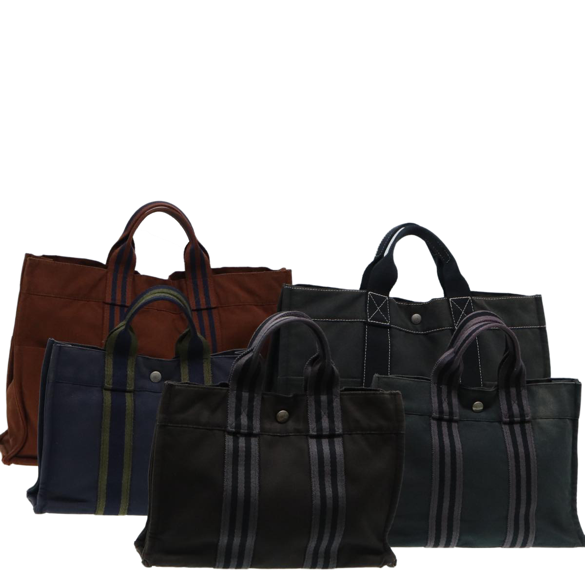 HERMES Fourre Tout Hand Bag Canvas 5Set Brown Navy gray Auth ki4762