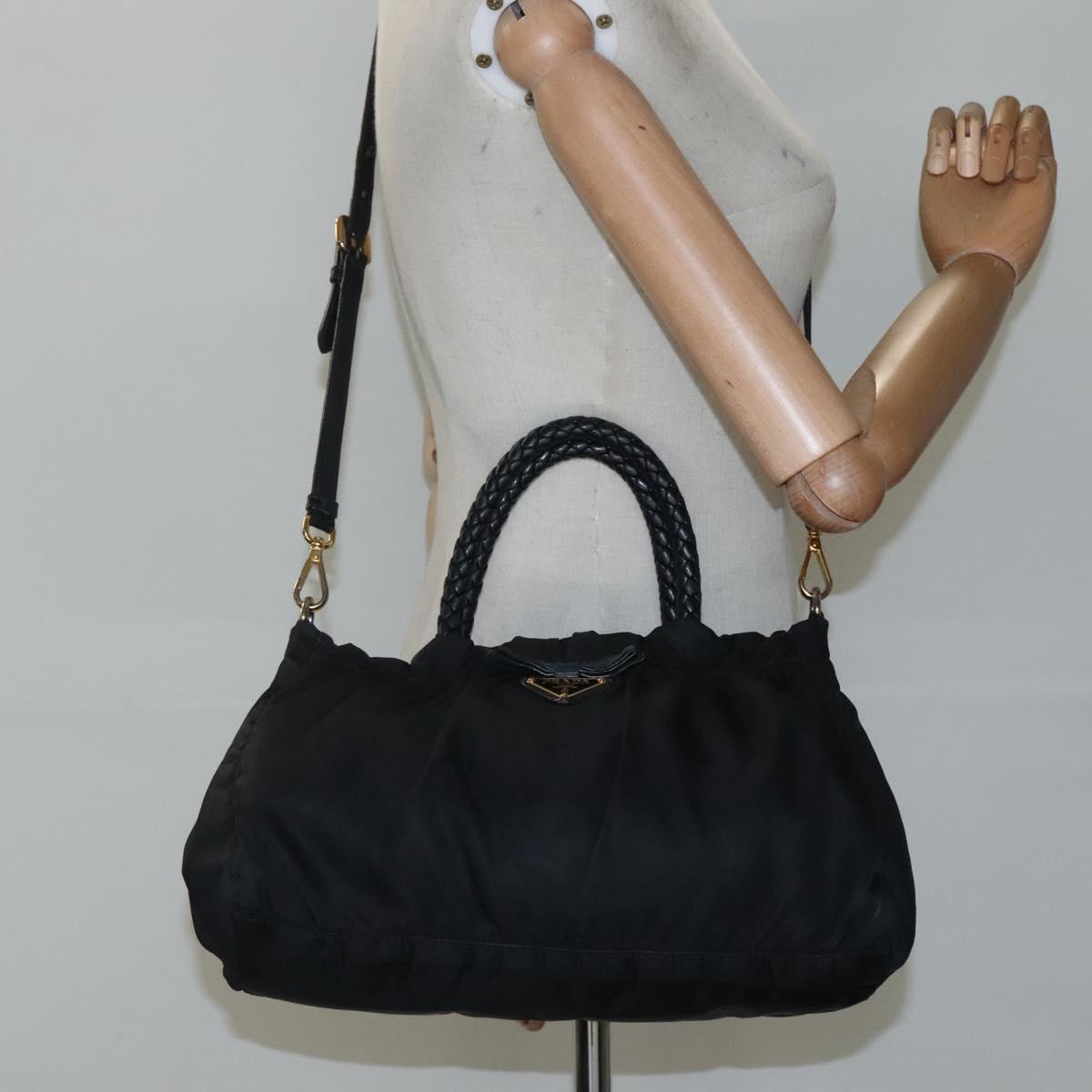 PRADA ribbon Hand Bag Nylon Leather 2way Black Gold Auth