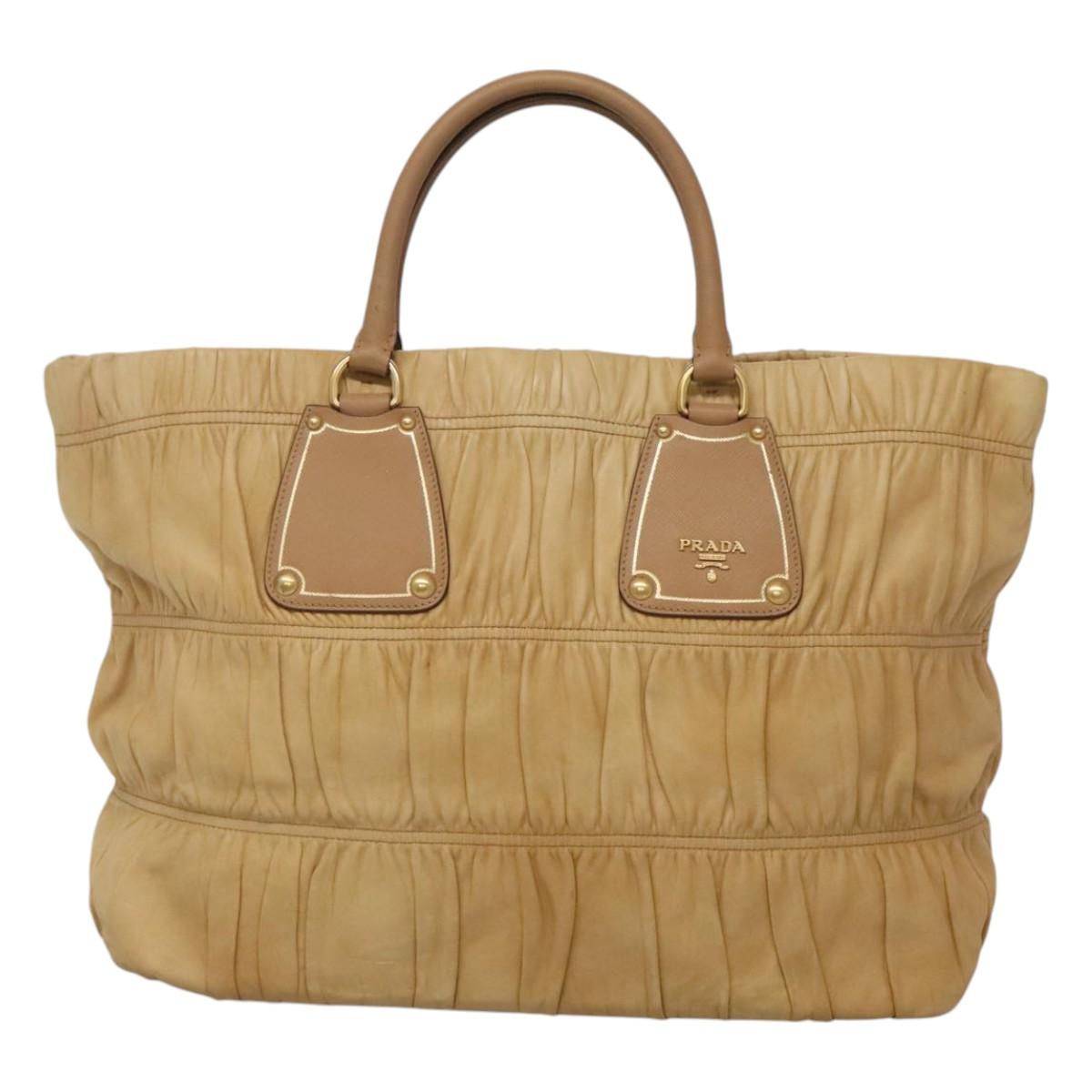 PRADA Gathered Tote Bag Leather Beige Gold Auth ki5670 | eBay