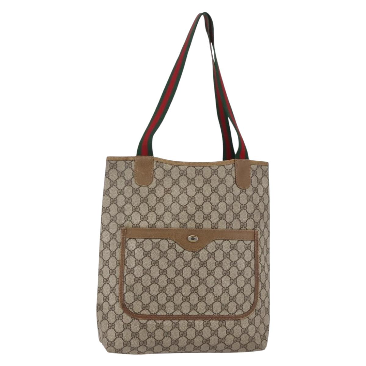 GUCCI GG Supreme Web Sherry Line Tote Bag PVC Leather Beige Red