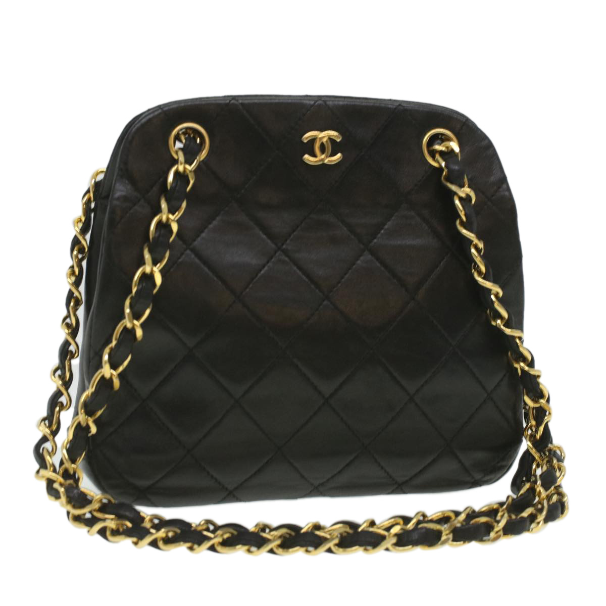 CHANEL Matelasse Clasp Chain Shoulder Bag Lamb Skin Black CC Auth kk164