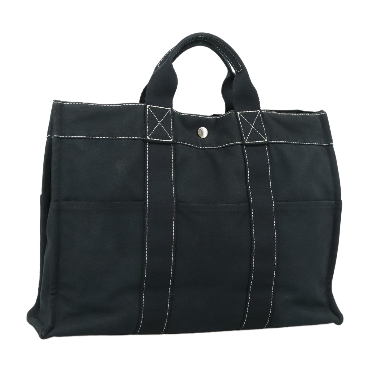 HERMES Deauville MM Tote Bag Canvas Black Silver Auth kk417