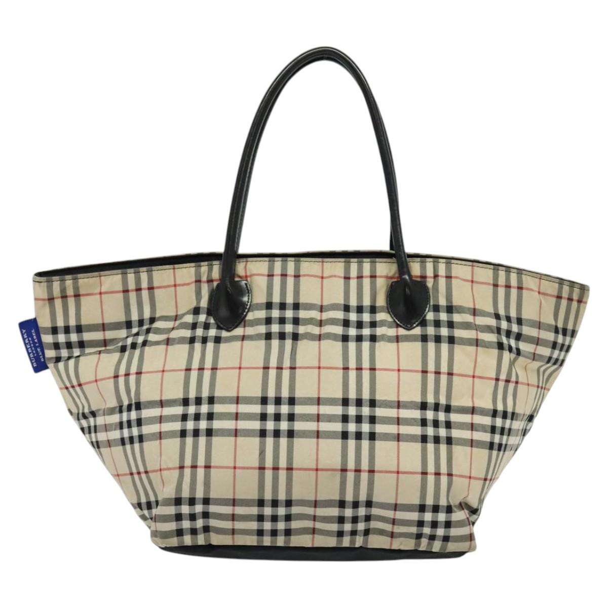BURBERRY Nova Check Blue Label Tote Bag Nylon Beige Silver