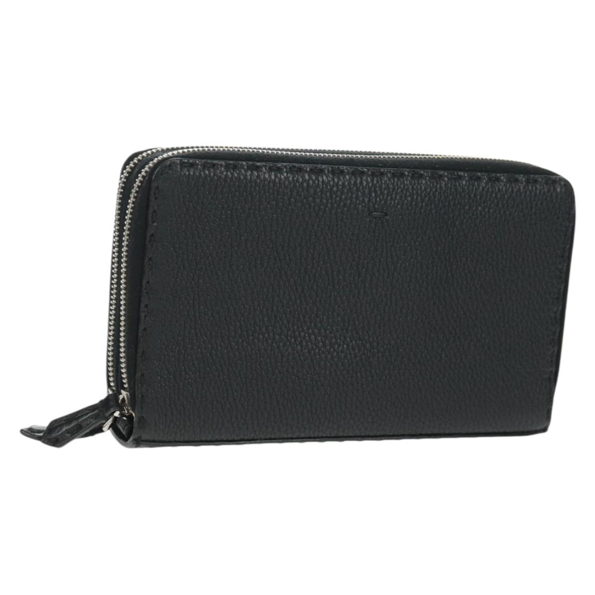 Duふぃ FENDI Selleria Double Zip Organizer Wallet Leather Black Silver