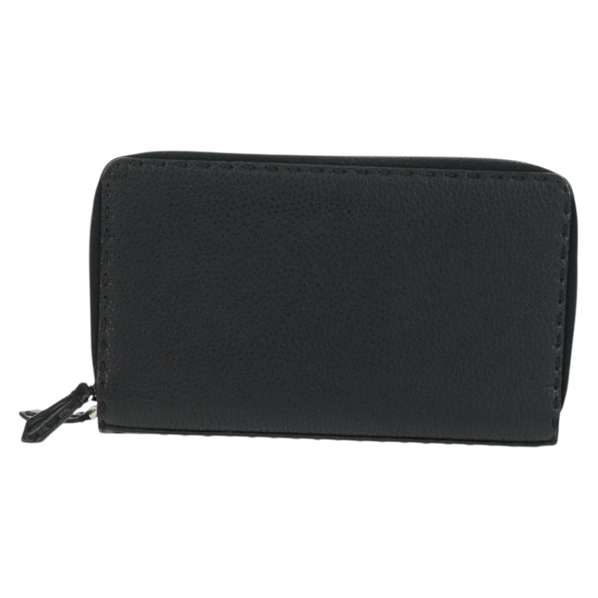 ブラックレザー セミロングウォレット　財布 FENDI Selleria Double Zip Organizer Wallet Leather Black Silver