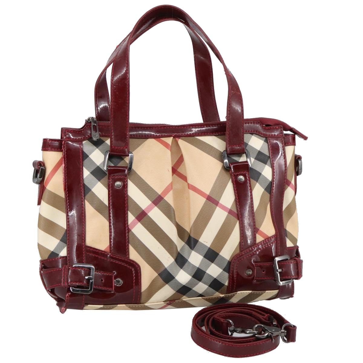 BURBERRY Nova Check Hand Bag PVC Leather 2way Beige Auth