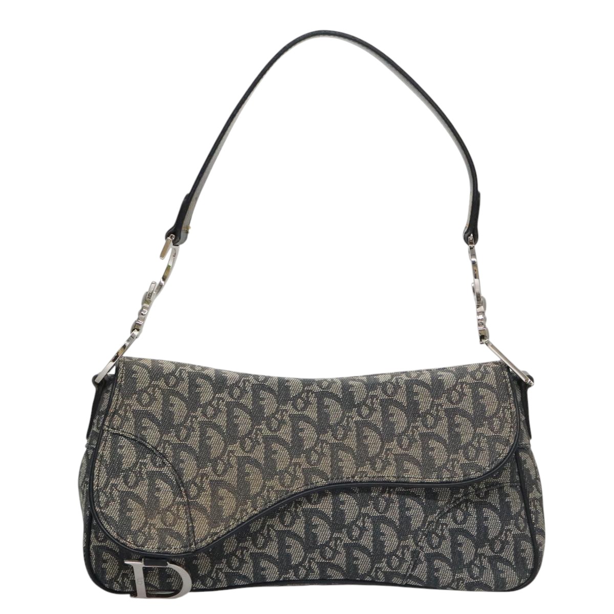 Christian Dior Trotter Canvas Saddle Shoulder Bag Navy Silver Auth