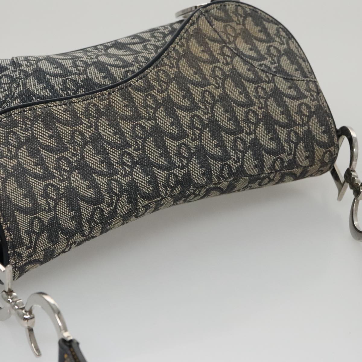 Christian Dior Trotter Canvas Saddle Shoulder Bag Navy Silver Auth