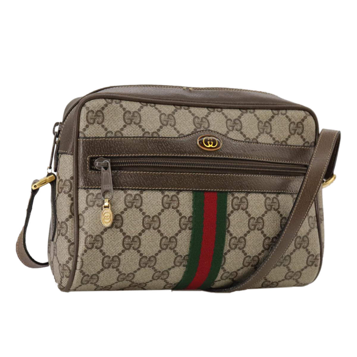 GUCCI Web Sherry Line GG Supreme Shoulder Bag PVC Beige Red