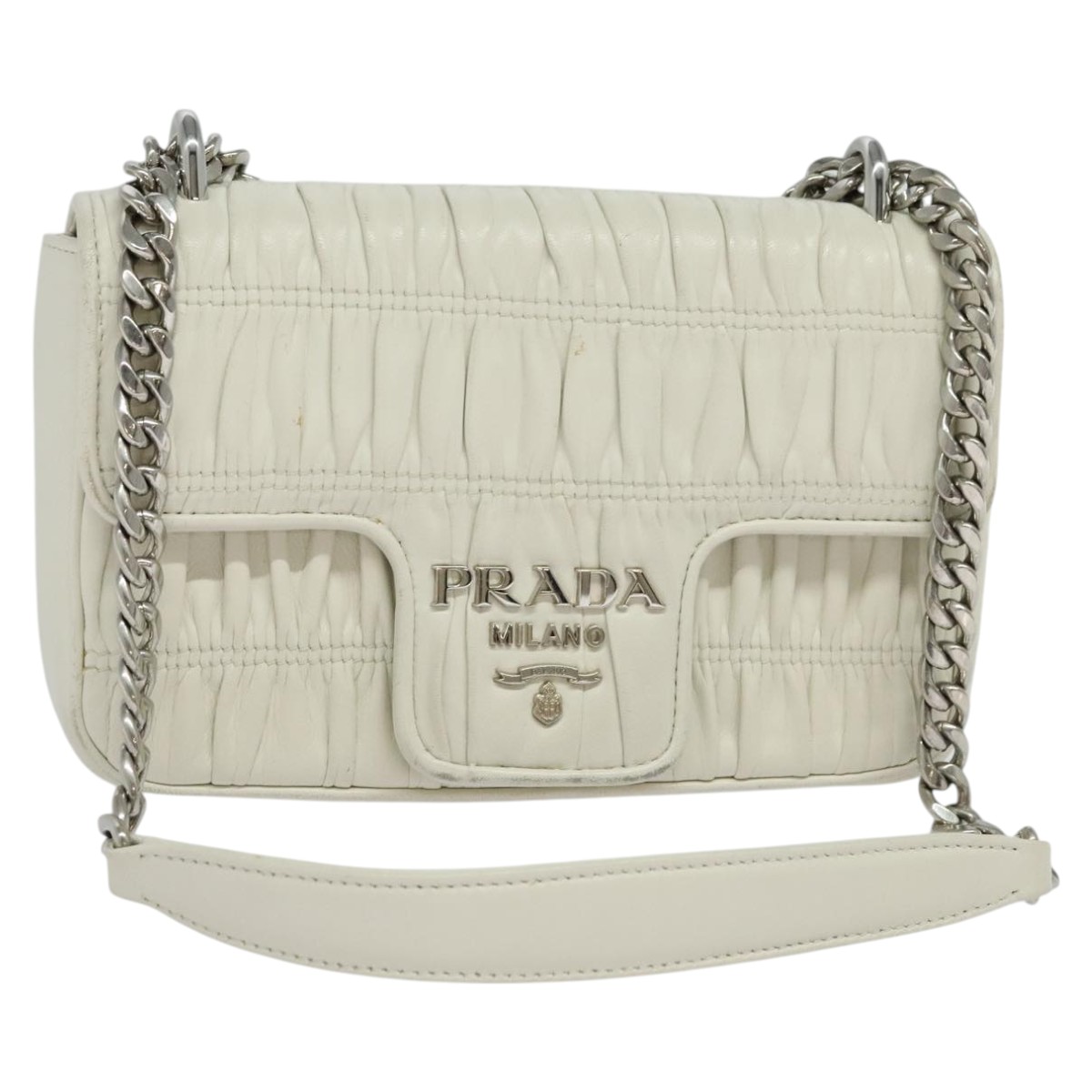 PRADA Gathered Chain Shoulder Bag Leather White Silver Auth mr992