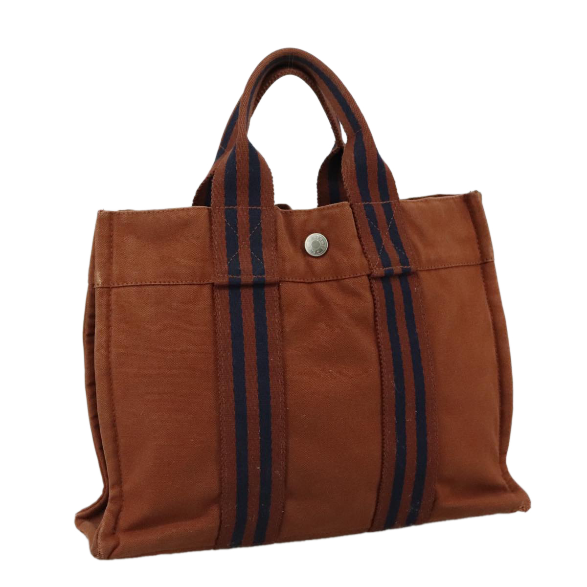 HERMES Tote Bag Canvas Brown Silver Auth ti2564