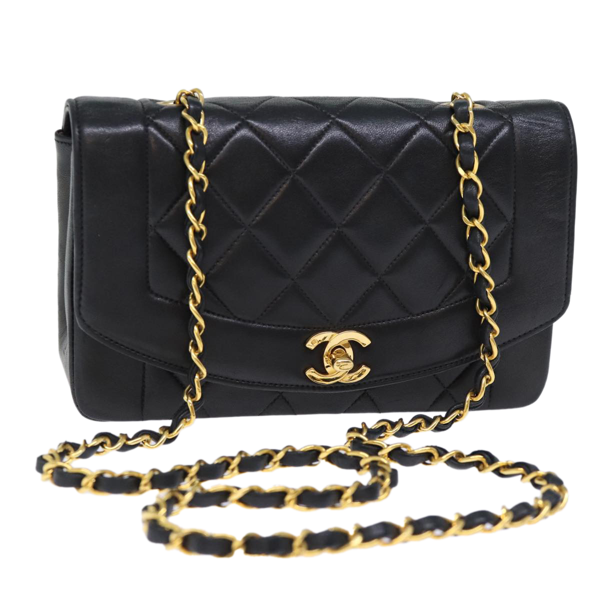 CHANEL Diana Matelasse Chain Shoulder Bag Lamb Skin Black CC Auth yk12192A