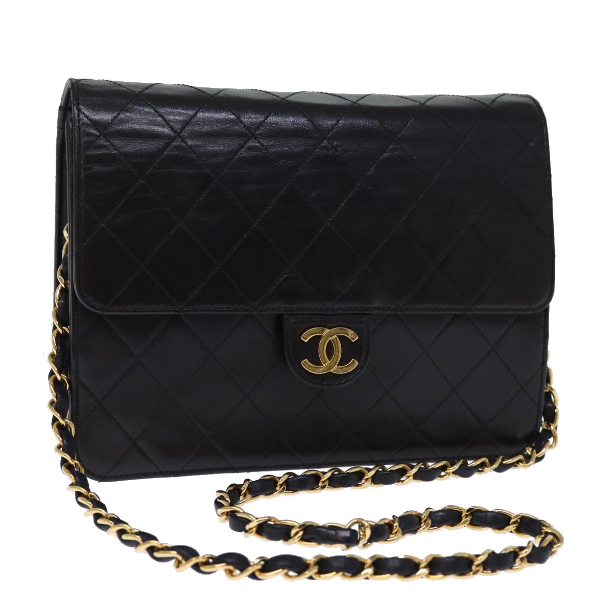 CHANEL Matelasse Chain Shoulder Bag Lamb Skin Black CC Auth yk12417A