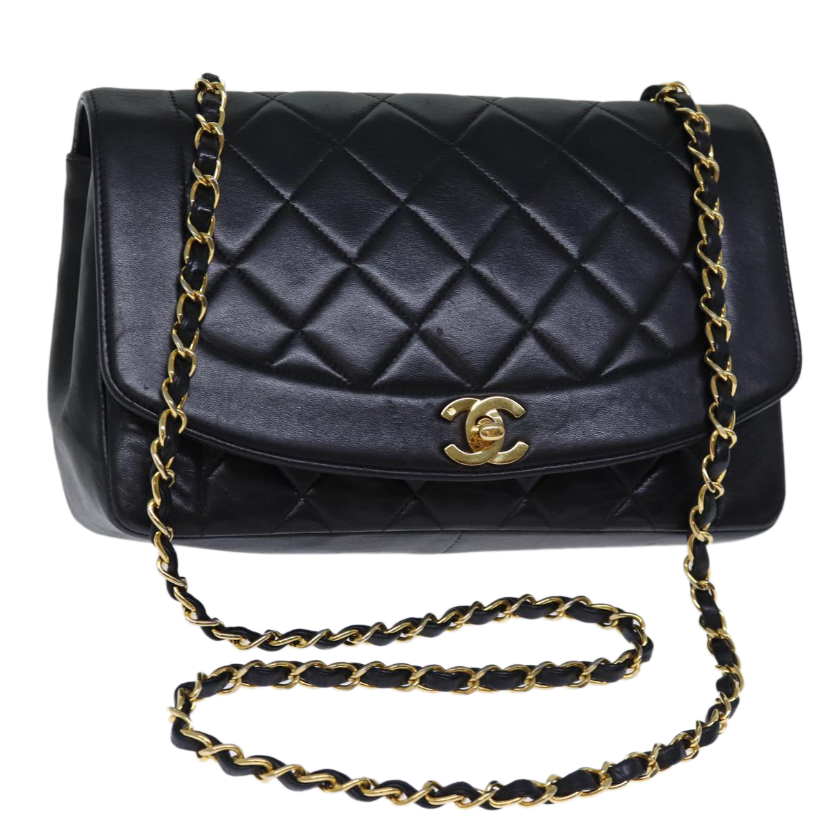 CHANEL Diana Matelasse Chain Shoulder Bag Lamb Skin Black CC Auth yk12418A