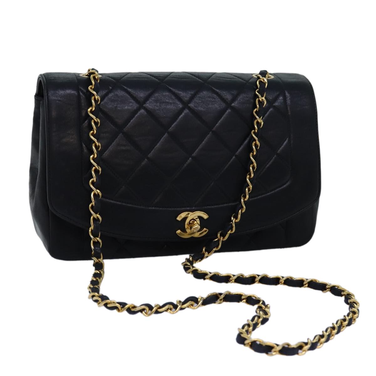 CHANEL Diana Matelasse Chain Shoulder Bag Lamb Skin Black CC Auth yk12474