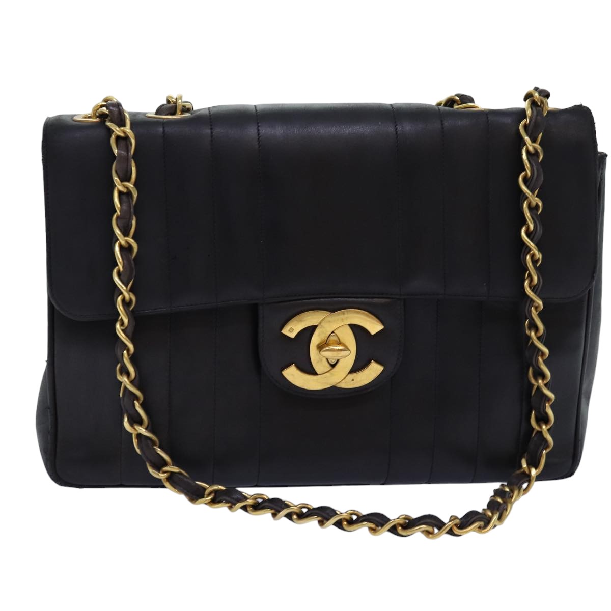 CHANEL Mademoiselle Big COCO Mark Chain Bag Lamb Skin Black CC Auth yk12655