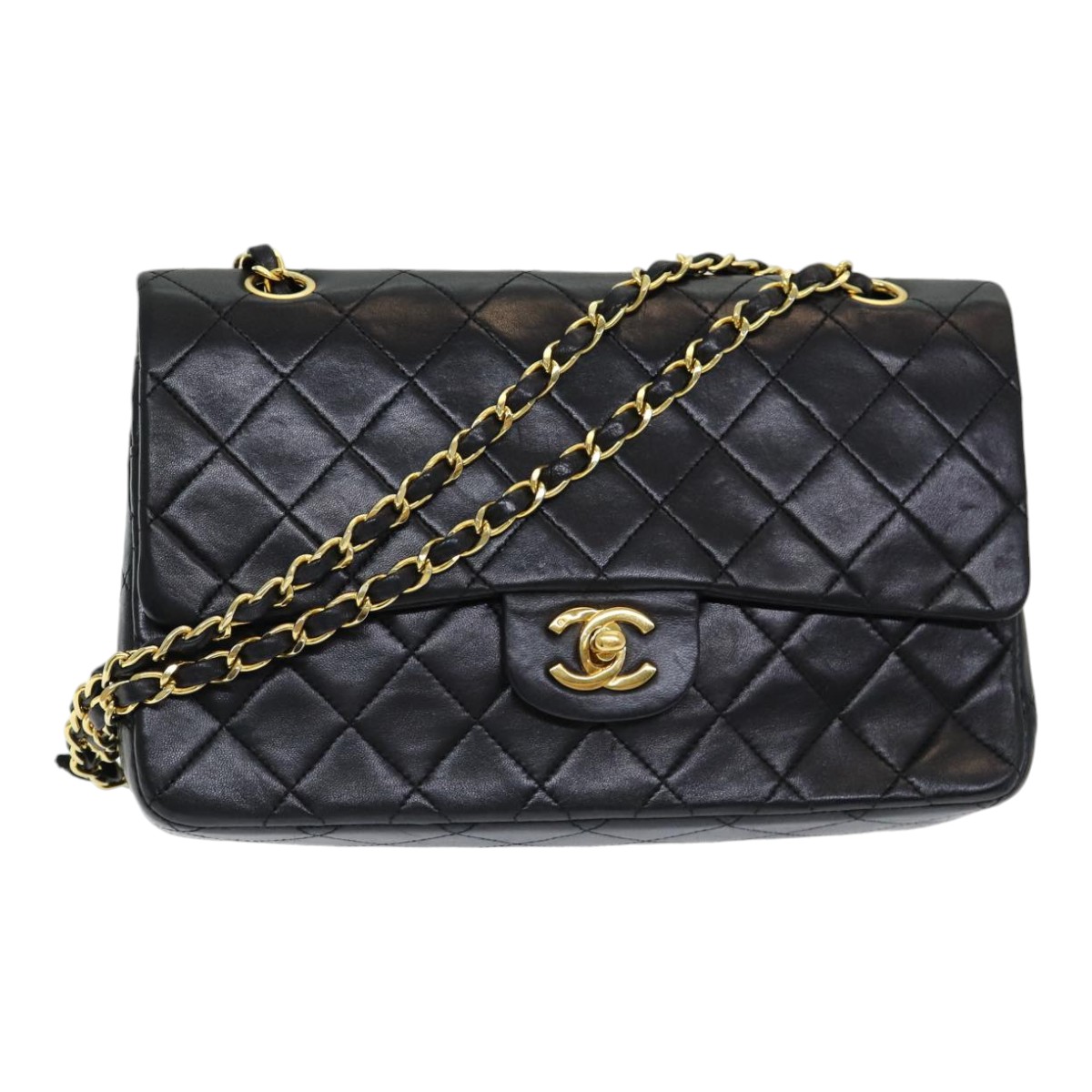 CHANEL Matelasse 25 Turn Lock Chain Hand Bag Lamb Skin Black CC Auth yk14030A