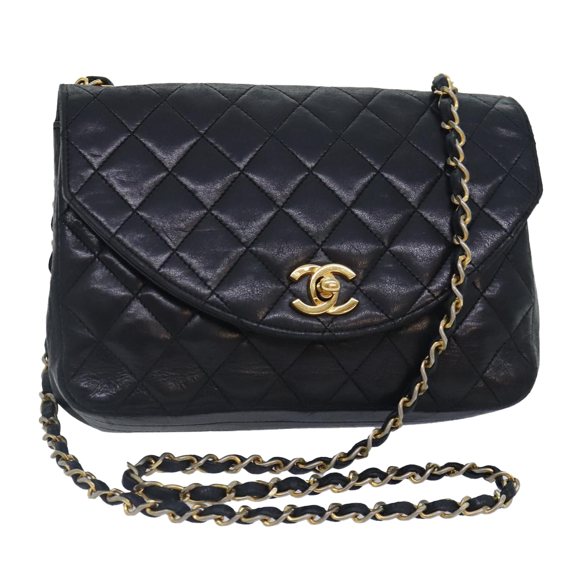 CHANEL Matelasse Turn Lock Chain Bag Lamb Skin Black Gold CC Auth yk14979