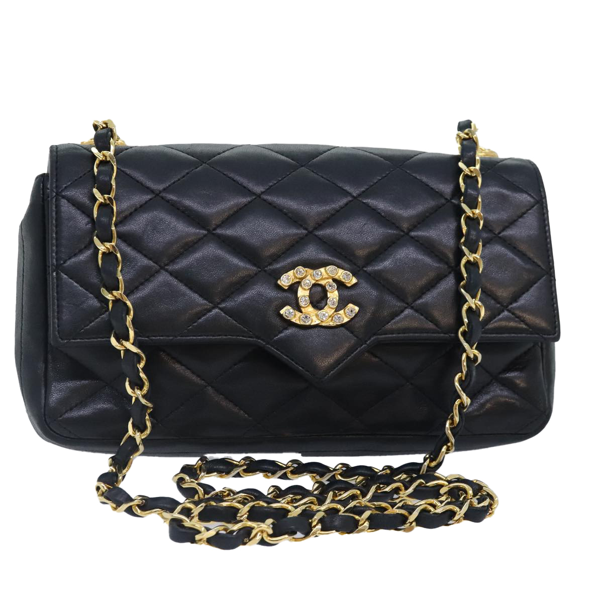 CHANEL Matelasse COCO Mark Chain Stone Bag Lamb Skin Black CC Auth yk15007A