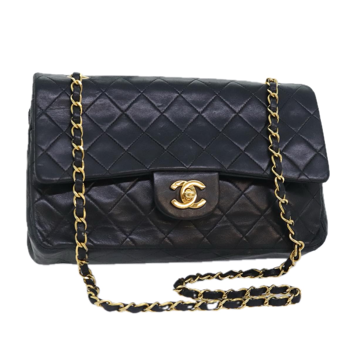 CHANEL Matelasse Turn Lock Chain Shoulder Bag Lamb Skin Black CC Auth yk15263A