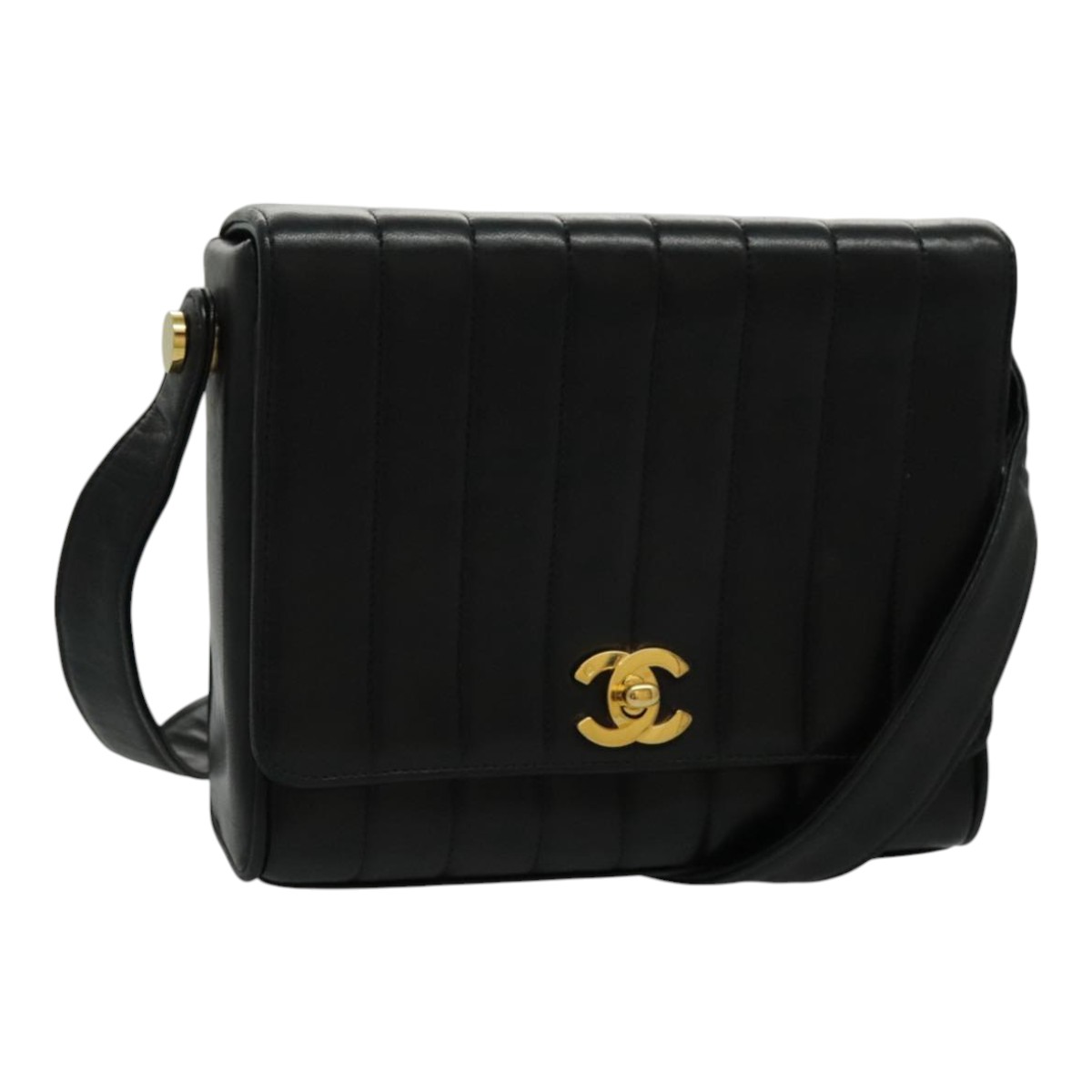 CHANEL Mademoiselle Shoulder Bag Lamb Skin Black Gold CC Auth yk15502A