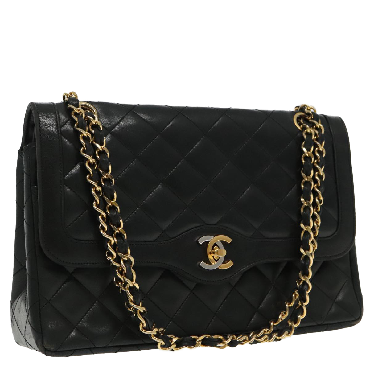 CHANEL Matelasse Chain Bag Lamb Skin Paris limited Black Gold CC Auth yk15617