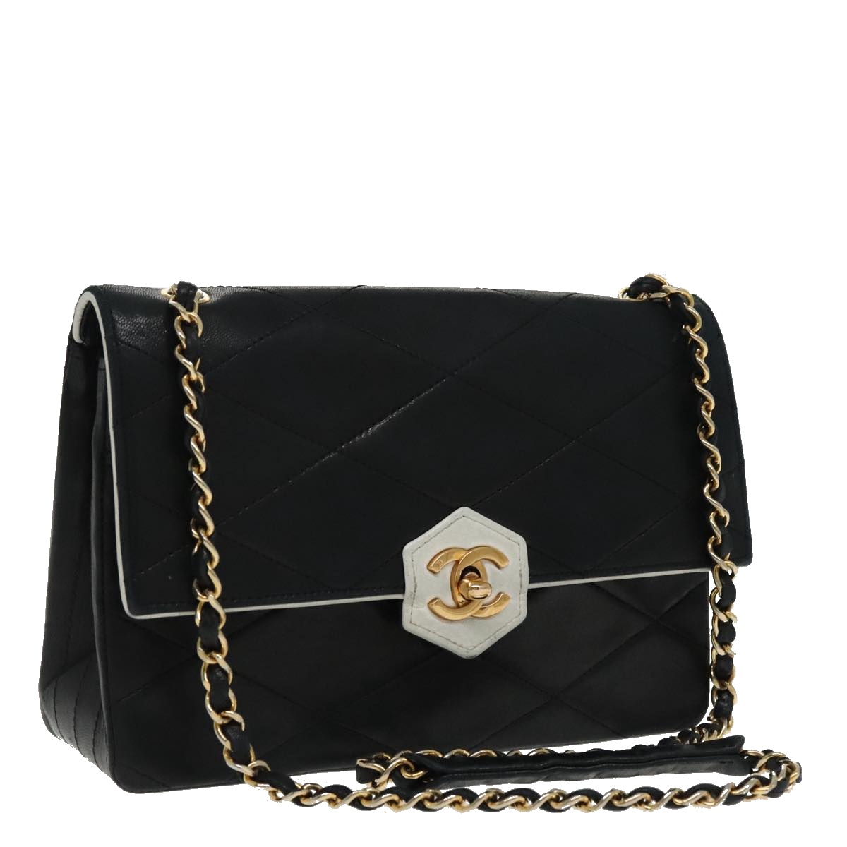 CHANEL Matelasse Chain Shoulder Bag Lamb Skin Black Gold white CC Auth yk15737