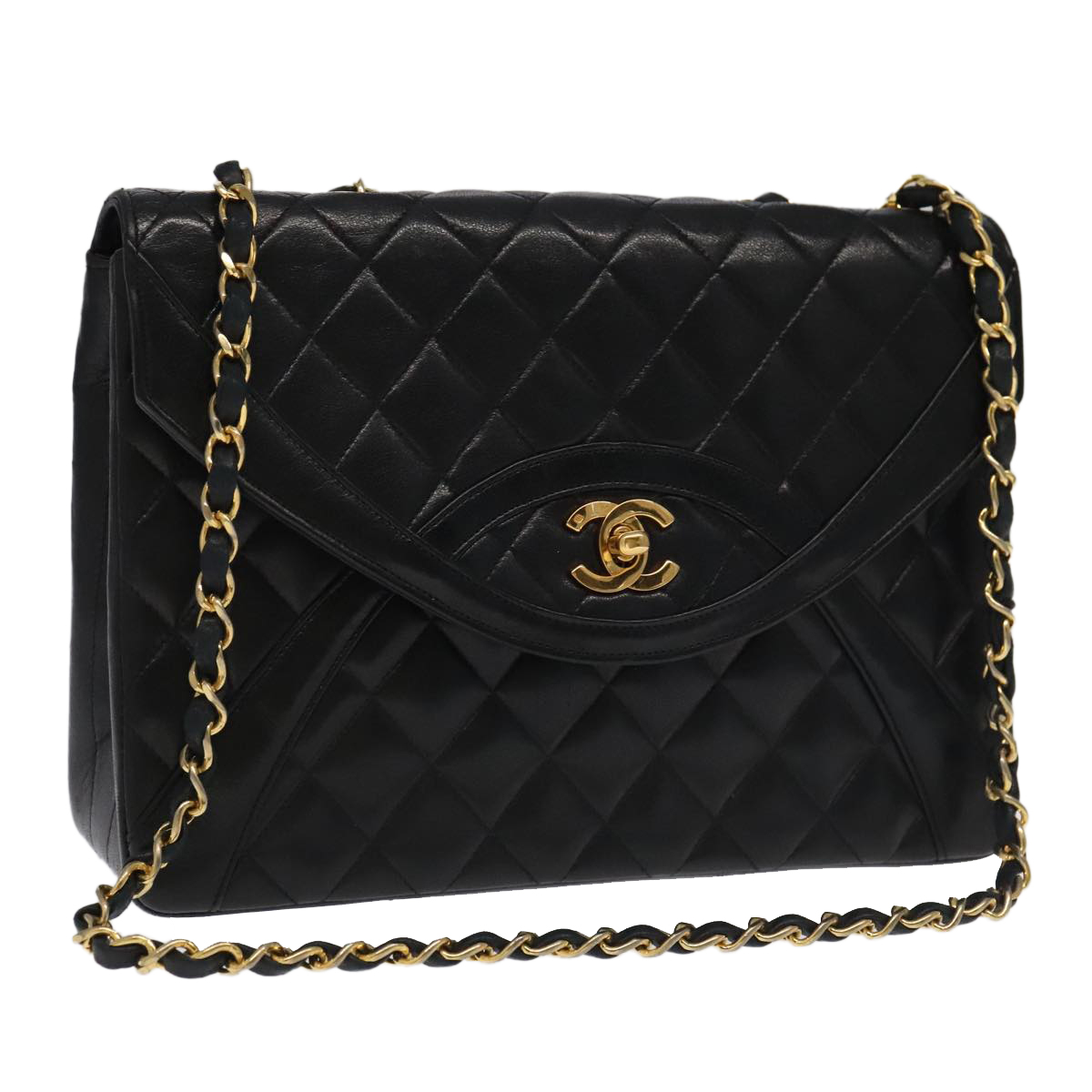 CHANEL Matelasse Chain Hand Bag Lamb Skin Black Gold CC Auth yk15914A