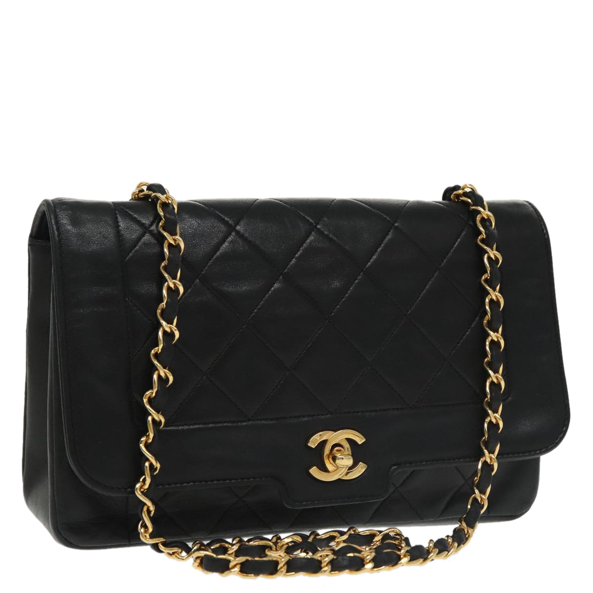 CHANEL Matelasse Turn Lock Chain Shoulder Bag Lamb Skin Black CC Auth yk15915A