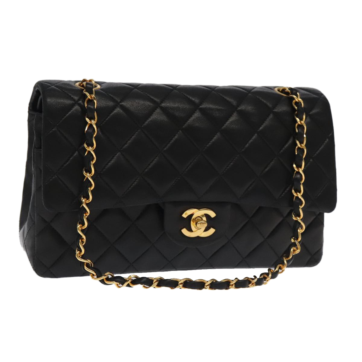 CHANEL Matelasse 25 Double Flap Hand Bag Lamb Skin Black Gold CC Auth yk16193A