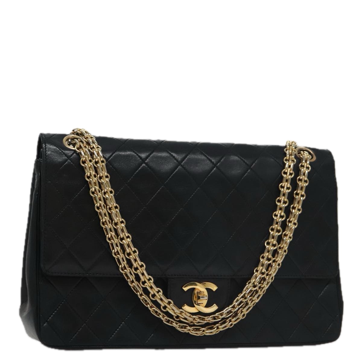 CHANEL Matelasse Chain Hand Bag Lamb Skin Vintage Black Gold CC Auth yk16436