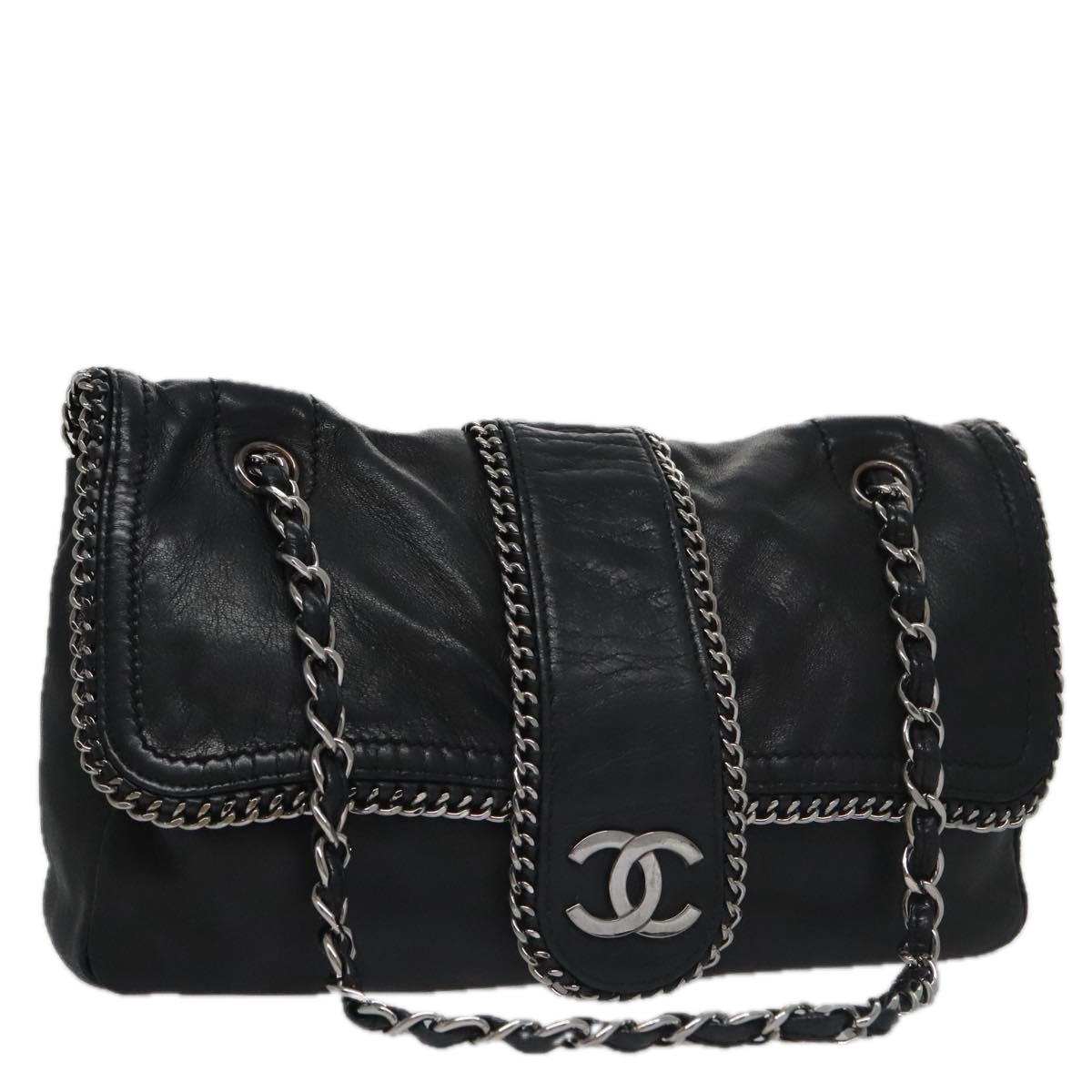 CHANEL COCO Mark Single Flap Shoulder Bag Lamb Skin Black CC Auth yk16446A