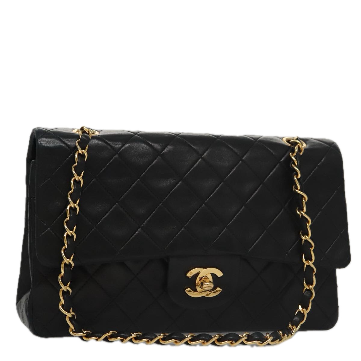 CHANEL Matelasse 25 Double Flap Chain Shoulder Bag Lamb Skin Black Auth yk16454A