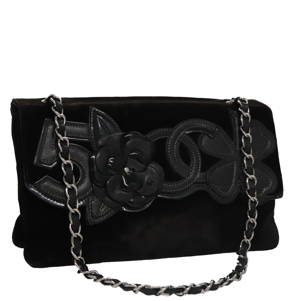 CHANEL Chain Camelia Shoulder Bag Velor Leather Black Silver CC Auth yk16500