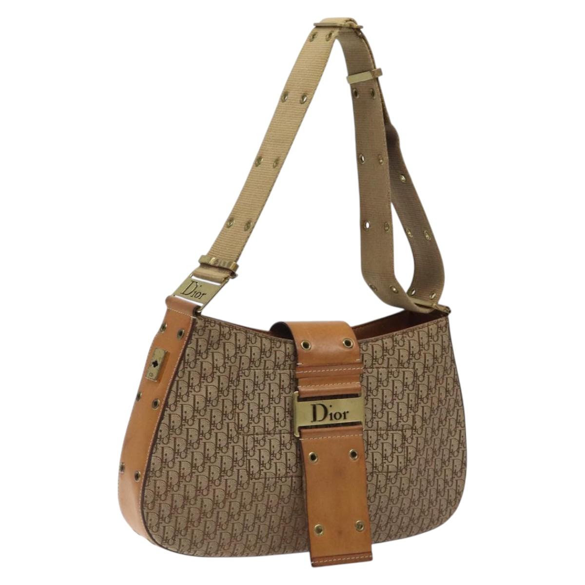 Christian Dior Trotter Canvas Shoulder Bag Beige Gold Auth