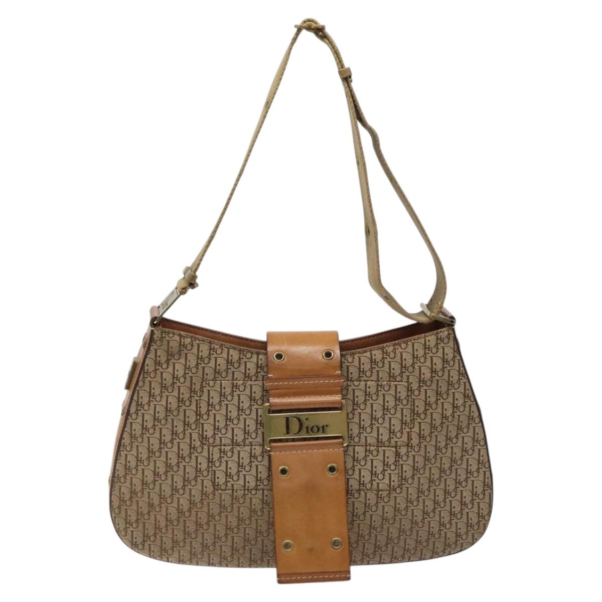 Christian Dior Trotter Canvas Shoulder Bag Beige Gold Auth