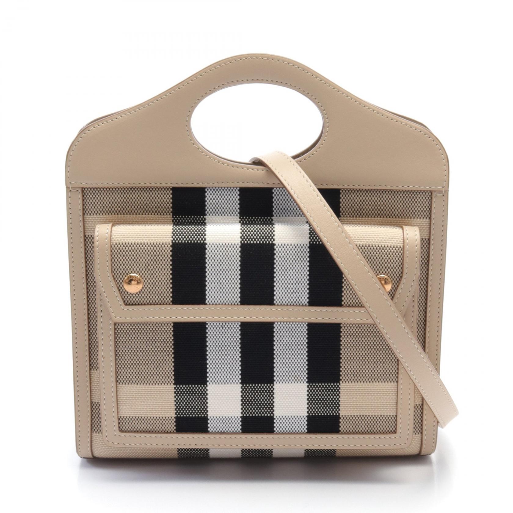 冬ギフト セ 2way BURBERRY Handbag Black Beige leather canvas shoulder バッグ
