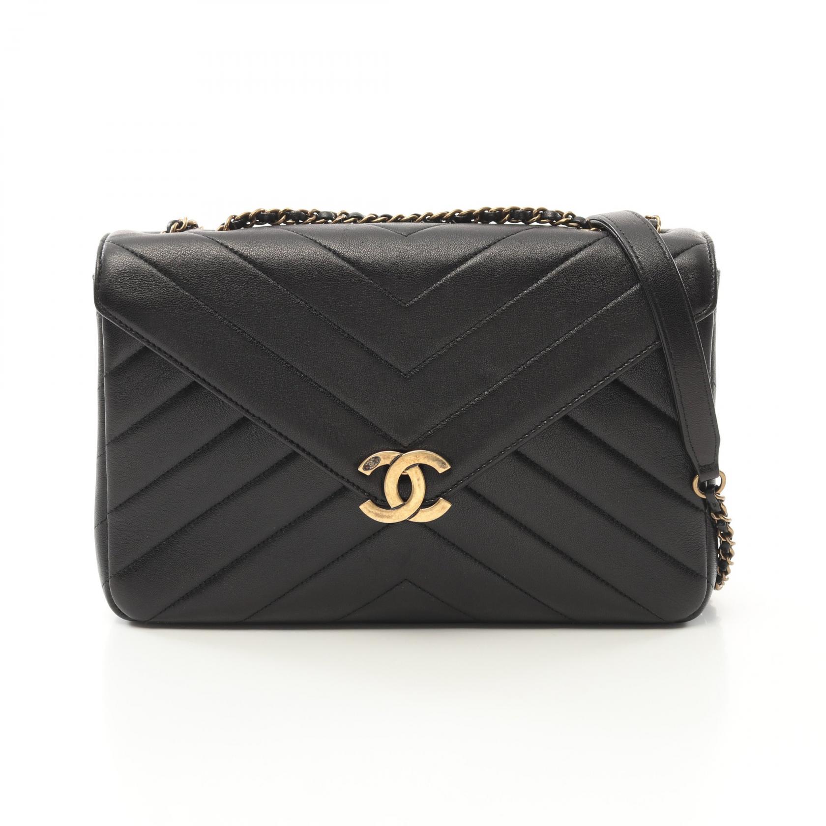 【CHANEL】 フラップバッグ シェブロン ラムスキン JAH155 ラージ フラップ バッグ、シャイニー ラムスキン、ブラック