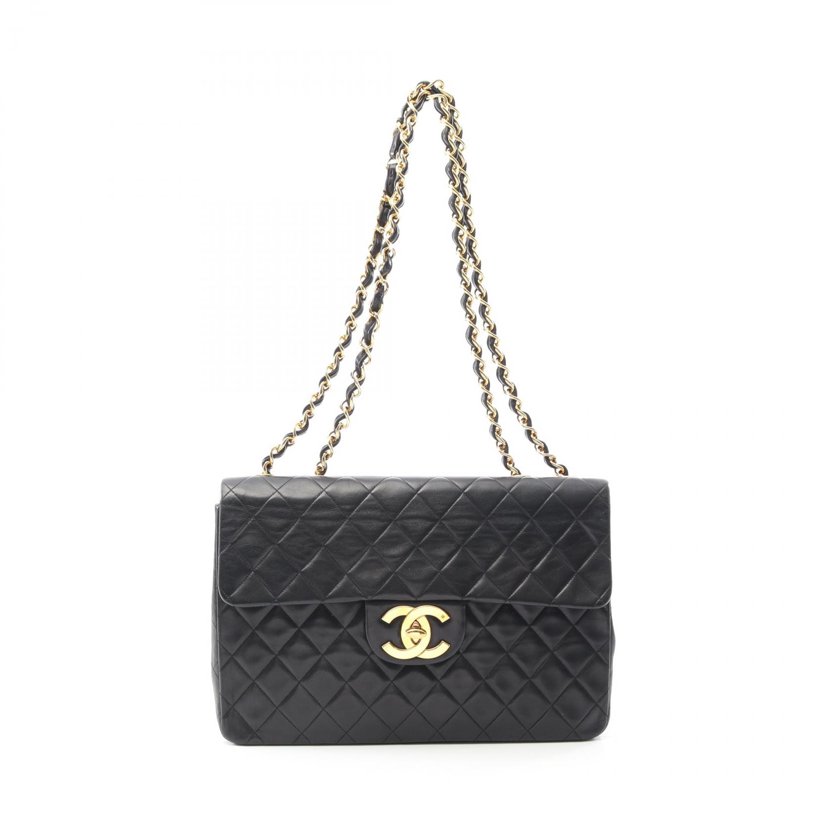 CHANEL ブラックレザー風 バッグ CHANEL Jumbo Matelasse 34 Shoulder Bag A01094 Lamb sheep leather