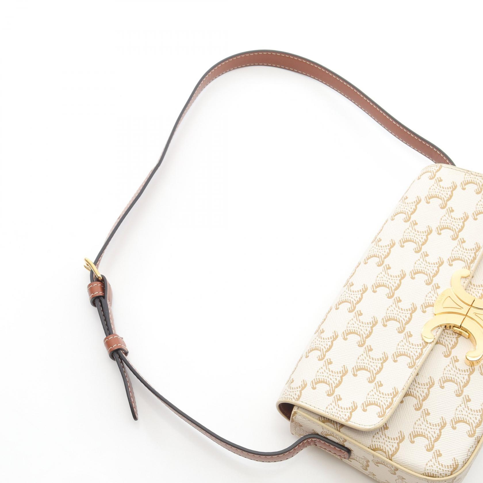 CELINE Claude Triomphe Shoulder Bag canvas leather White CELINE Claude Triomphe Shoulder Bag canvas leather White