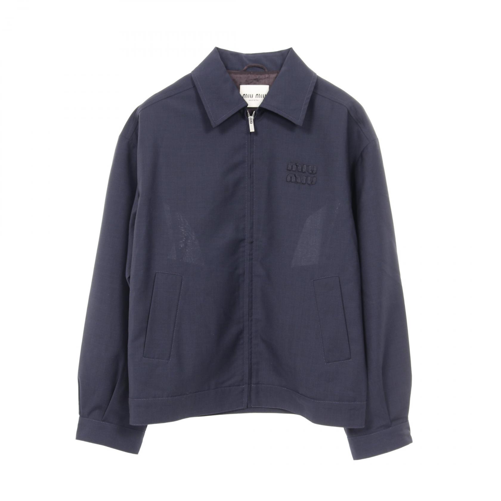 ジャケット・アウター MIO Miu Miu Blouson Jacket with Logo and Zipper Wool Mohair Navy Size