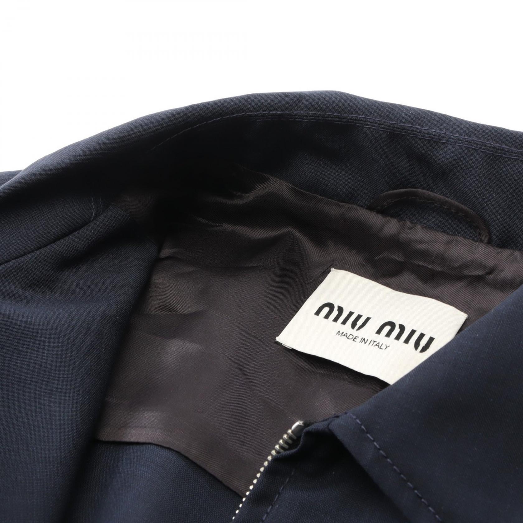 Miu Miu Blouson Jacket with Logo and Zipper Wool Mohair Navy Size