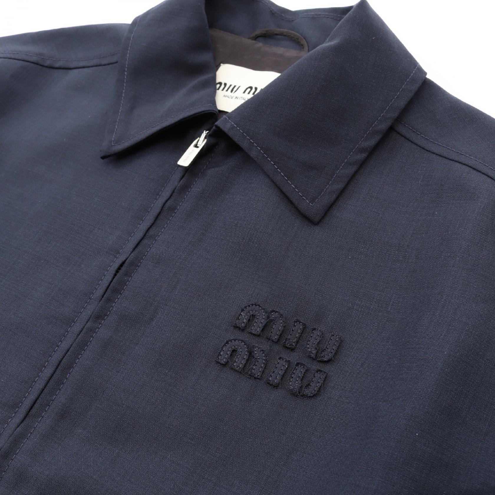 Miu Miu Blouson Jacket with Logo and Zipper Wool Mohair Navy Size