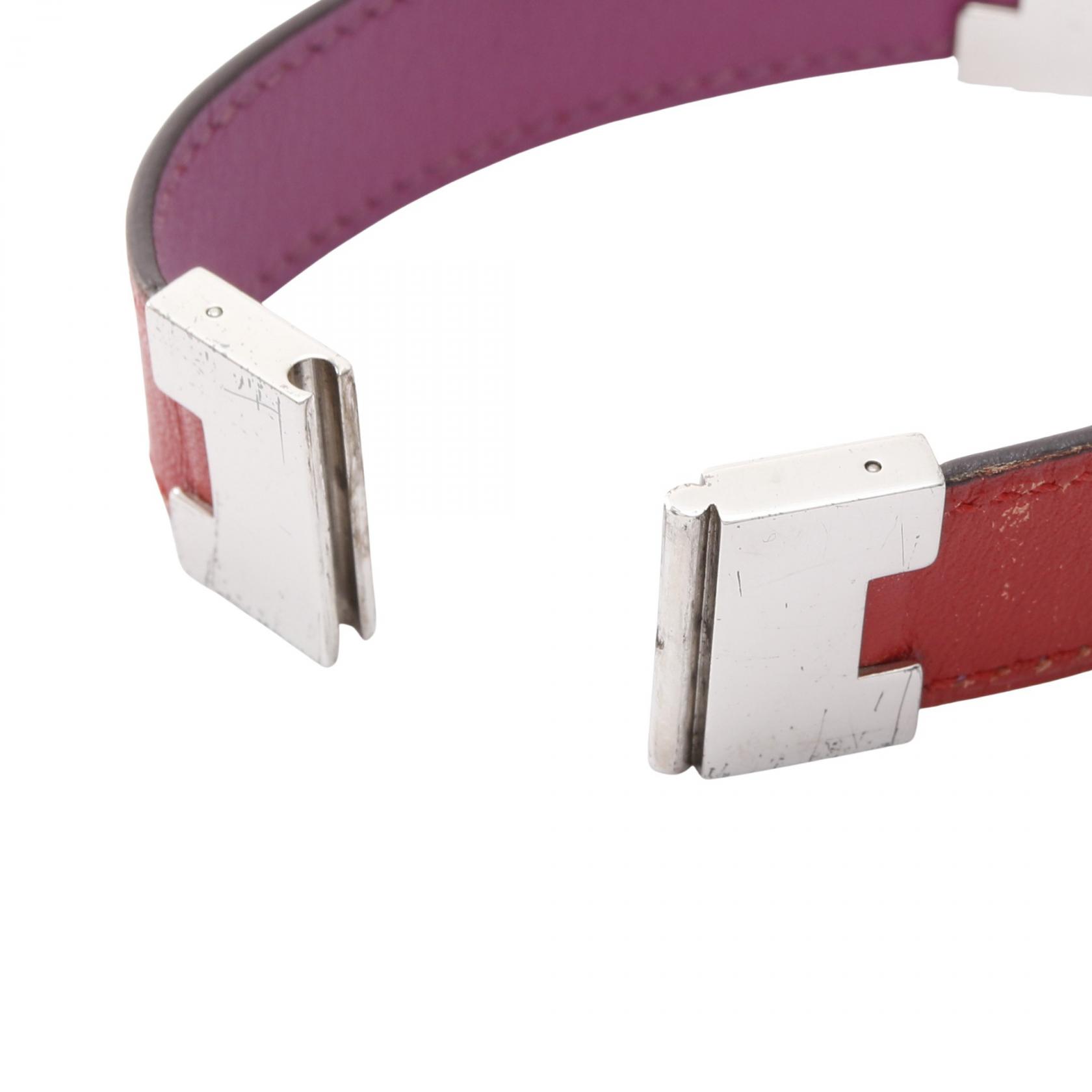 HERMES Lurie Bracelet 19cm Stainless Steel leather Red Purple Used