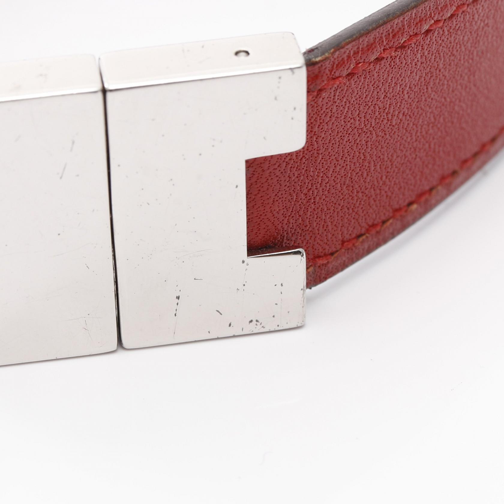 HERMES Lurie Bracelet 19cm Stainless Steel leather Red Purple Used