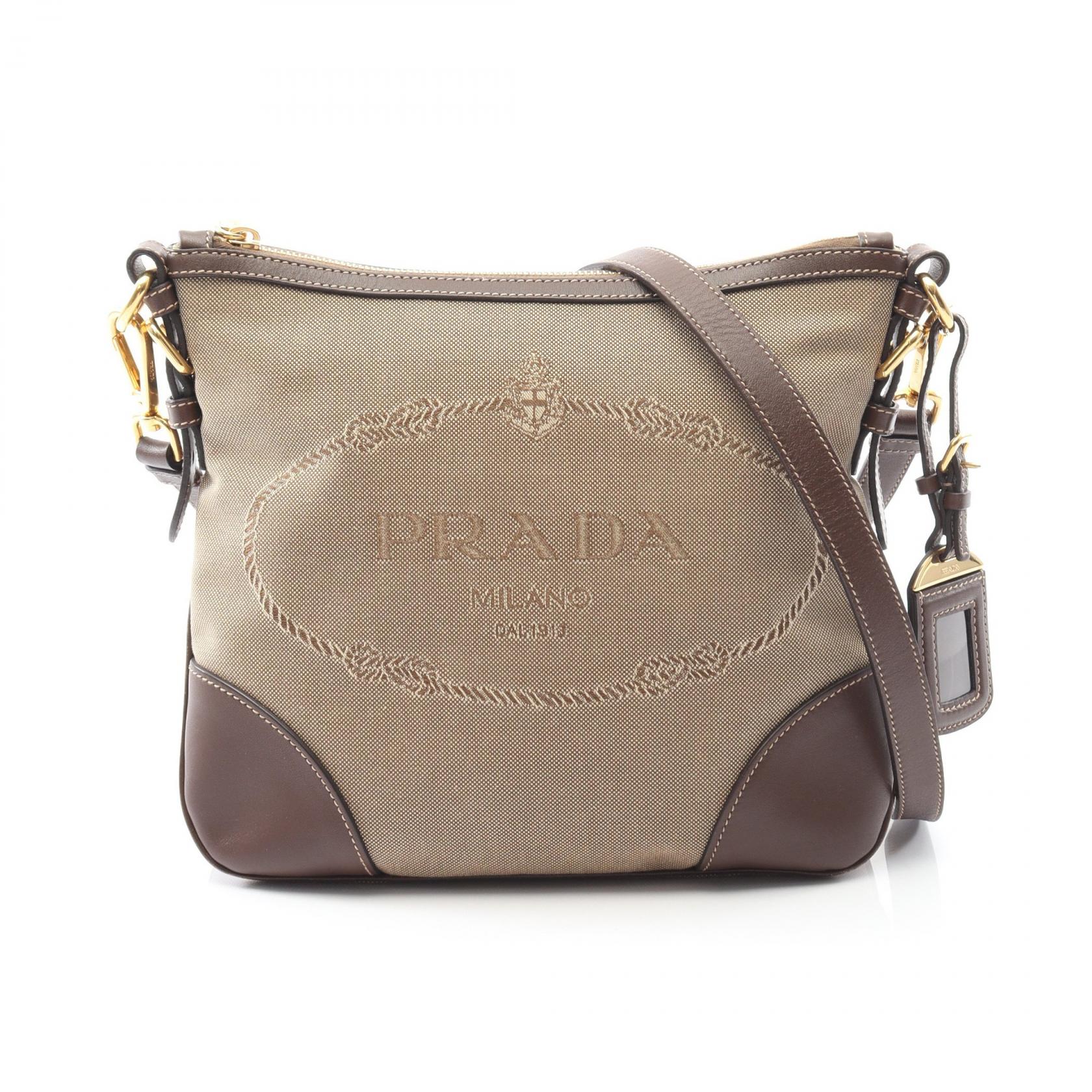 PRADA LOGO JACQUARD Shoulder crossbody Bag canvas leather Beige