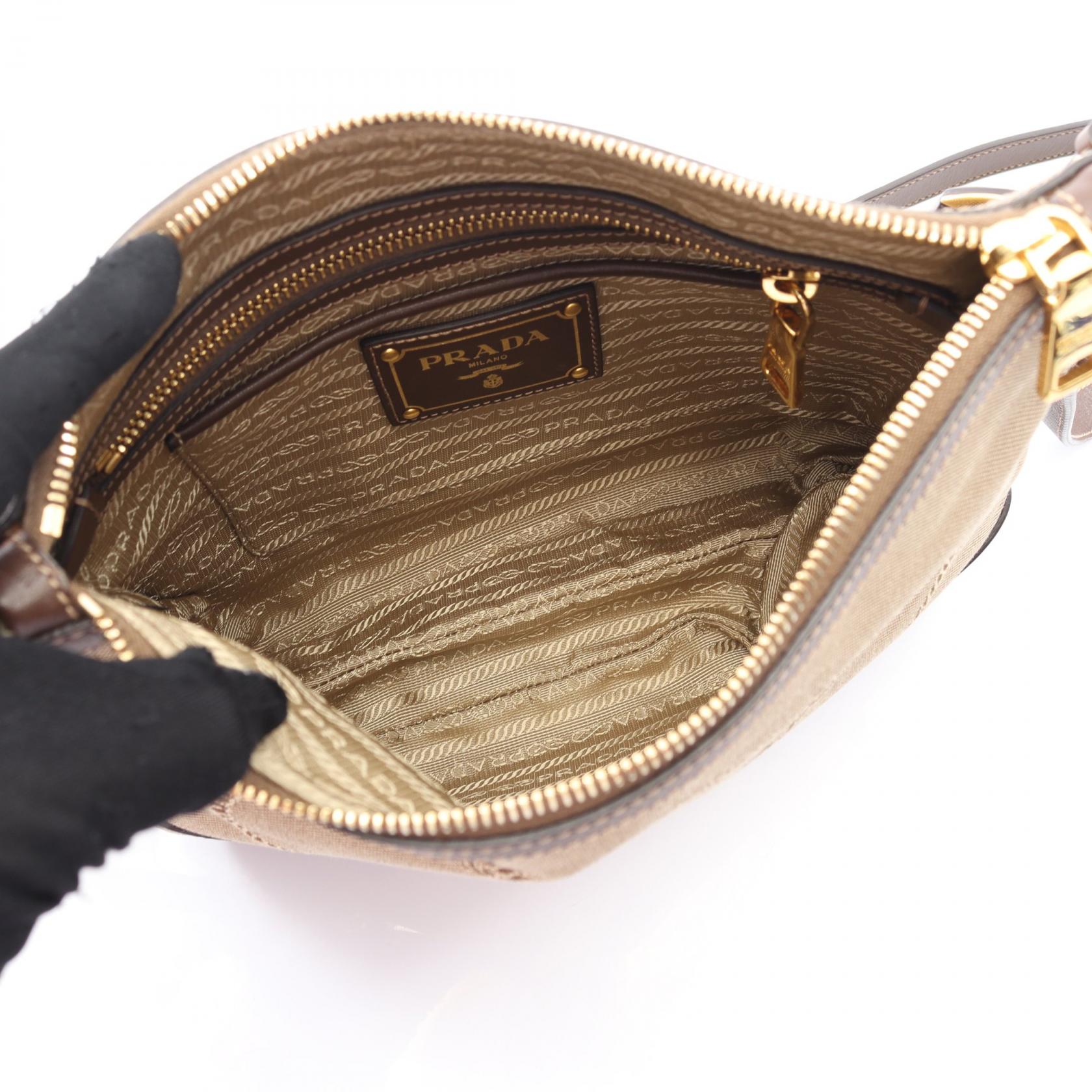 PRADA LOGO JACQUARD Shoulder crossbody Bag canvas leather Beige