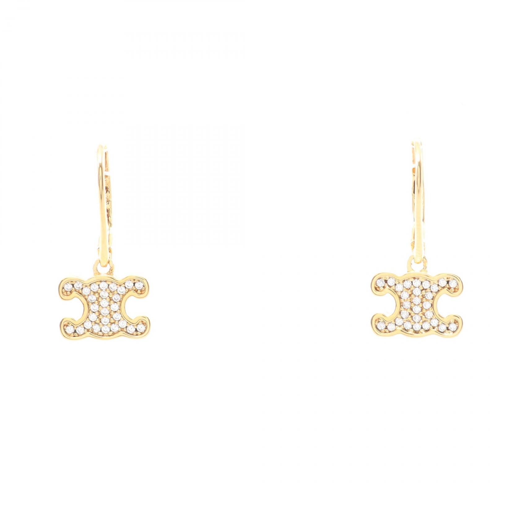 CELINE Triomphe Pierced Earrings Gold Plated Rhinestone NEW Women